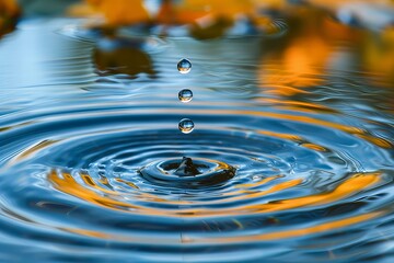 A drop of water drips into a calm pond