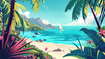 A tropical beach scene with palm trees and a sailboat in the water. Scene is peaceful and relaxing