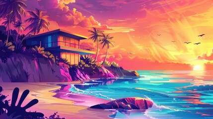 A colorful painting of a beach with a house and palm trees. The sky is orange and pink, and the water is blue. The mood of the painting is peaceful and relaxing