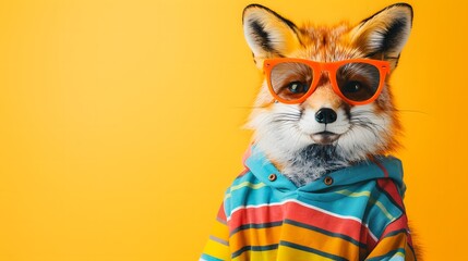 派手な洋服とサングラスをかけたキツネ