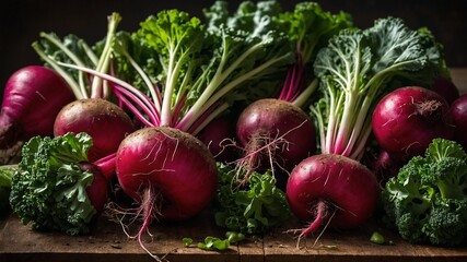 Vibrant display of fresh vegetables graces wooden surface. Eye drawn to beetroots, their deep purple hue contrasting with leafy green tops. Nearby, pieces of broccoli boast rich green florets. - Powered by Adobe