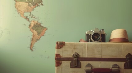 Retro style demonstration of objects on a green background of a card, suitcase, hat and camera
