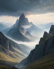Surreal artwork of a solitary mountain surrounded by mist and rocky cliffs under a subdued cloudy sky.