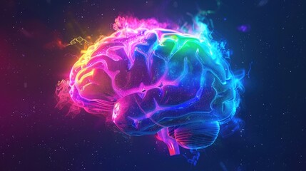 scifi artwork brain. rainbow glowing brain digital art. human brain technology concept digital. organ anatomy realistic