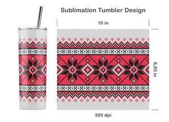 Knitted Christmas pattern. Seamless sublimation template for 20 oz skinny tumbler. Sublimation illustration. Seamless from edge to edge. Full tumbler wrap.