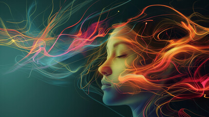 A face transforming with flowing, colorful energy lines, symbolizing personal growth. Dynamic and dramatic composition, with cope space