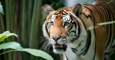 A close-up of a tiger prowling through the dense jungle, its eyes fixed on its prey