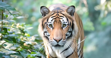 Fototapeta premium A close-up of a tiger prowling through the dense jungle, its eyes fixed on its prey