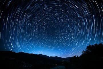 Fototapeta premium A car speeding on a road beneath a sky full of star trails