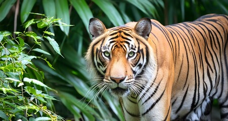 A close-up of a tiger prowling through the dense jungle, its eyes fixed on its prey