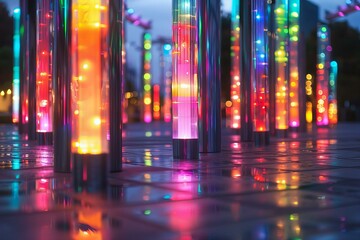 Brightly lit park poles adorned with numerous lights