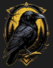 Stylized art of a black raven against the background of a magic mirror