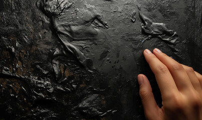 Naklejka premium Persons Hand Touching Black Wall.