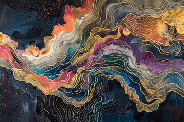 A vibrant abstract organic form that blends fluid, realistic, and fantastical elements. Painting on Dark Background with Gold Brush Strokes