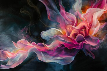 A vibrant abstract organic form that blends fluid, realistic, and fantastical elements. Painting on Dark Background with Gold Brush Strokes