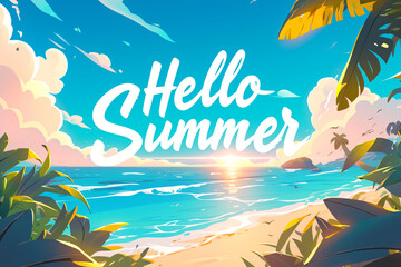 Hello summer text on summer landscape background with ocean, beach and beautiful sky. Calligraphy lettering. Travel and vacation concept. Greeting card or banner in retro style