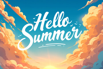 Hello summer text on beautiful sunset or sunrise sky. Summertime. Calligraphy lettering. Travel and vacation concept. Illustration for greeting card or banner, summer sale