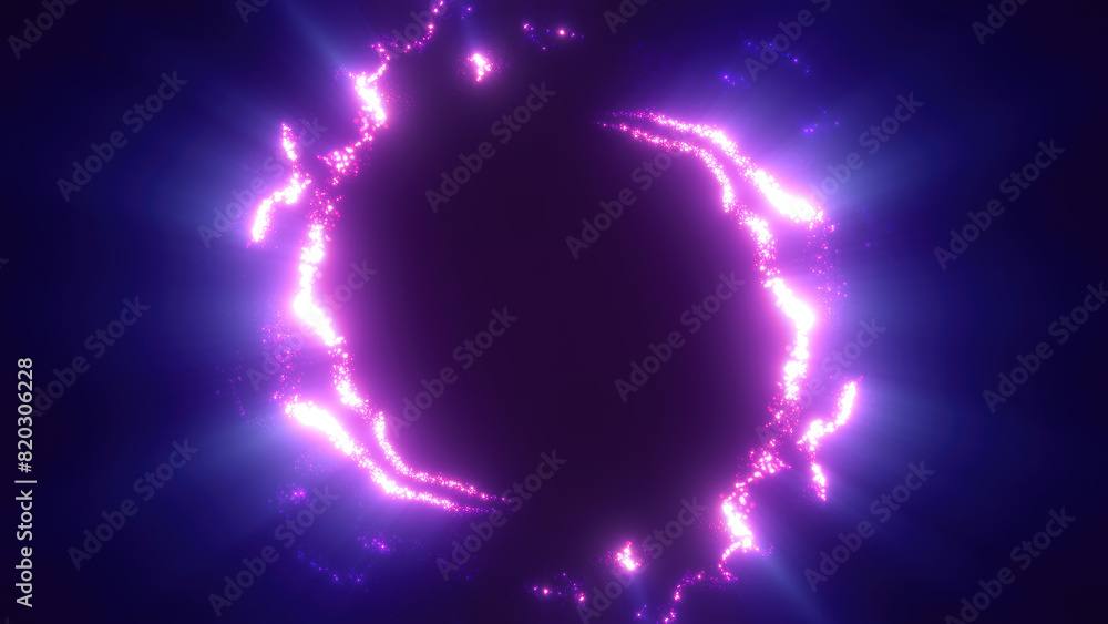 Poster purple swirling circle frame of multicolored lines of energy particles. abstract background