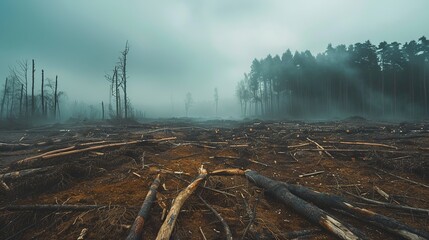 Haunting image of a cleared forest area with a few remaining trees, representing the devastating effects of deforestation - Powered by Adobe