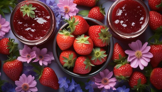 Bol de fraises et pots de confiture sur fond mauve