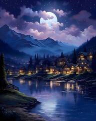 Beautiful mountain village at night with a lake and a full moon