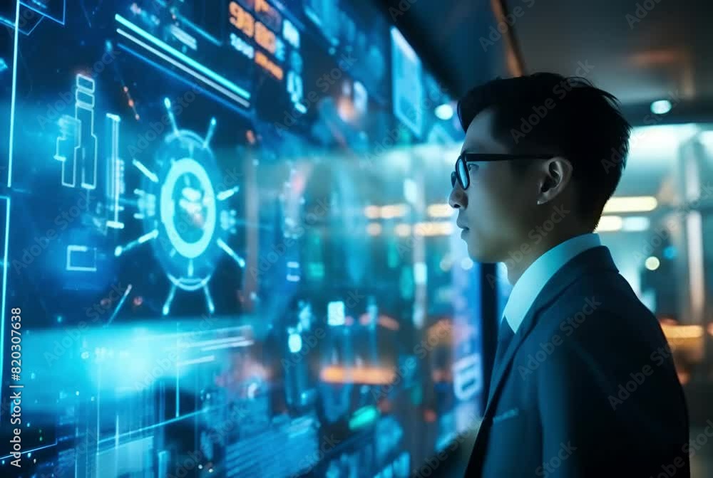Poster professional analyst in a suit interacts with a futuristic holographic interface displaying data and