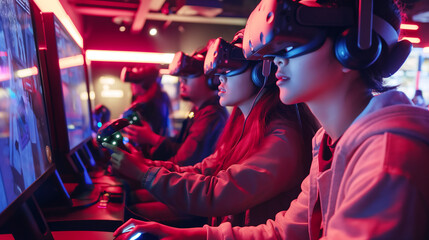 Immersive Gaming Experience, Young Gamers Engaged in Virtual Reality at a Modern Gaming Arcade
