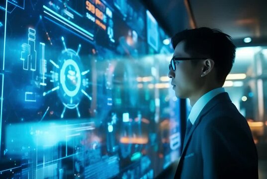 Professional analyst in a suit interacts with a futuristic holographic interface displaying data and graphics, symbolizing cutting-edge technology and modern business analytics