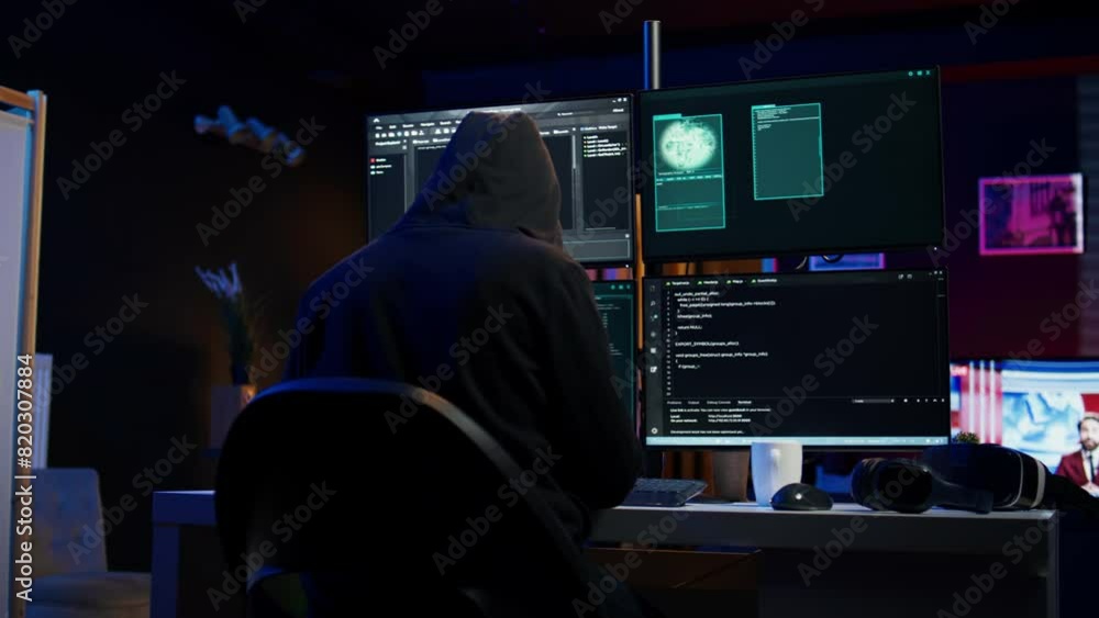 Poster cybercriminal fraudulently breaching security systems while hiding in secret hq. hacker breaking dow