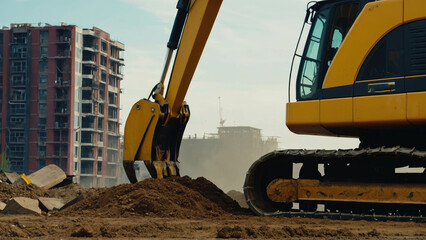 Excavator at work on a construction site. Backhoe digs a trench for laying sewer pipes