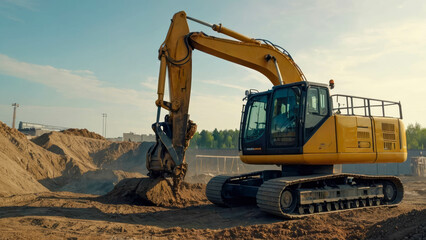 Excavator at work on a construction site. Backhoe digs a trench for laying sewer pipes