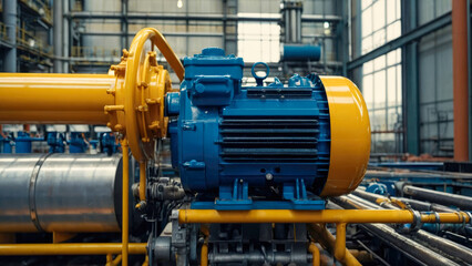 Blue industrial water pump with asynchronous electric motor on a dark background