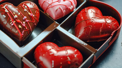 Chocolate candies in a heart shaped box on wooden background