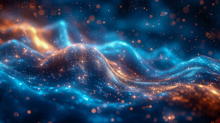 Abstract blue energy waves from particles of futuristic high-tech glowing background