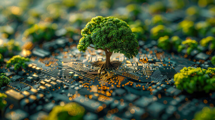 Green tree on microcircuit board. Biotechnology and science concept backgroun