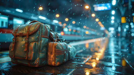 Suitcase on the platform of the railway station in the evening