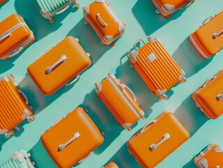 A collection of vibrant orange suitcases arranged in a geometric pattern on a teal background