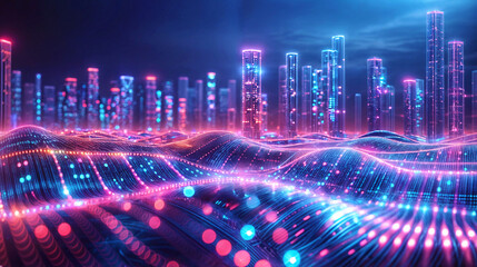 Smart city dot points connect with gradient grid lines, a waving connection technology metaverse concept. Night neon light city banner for big data.