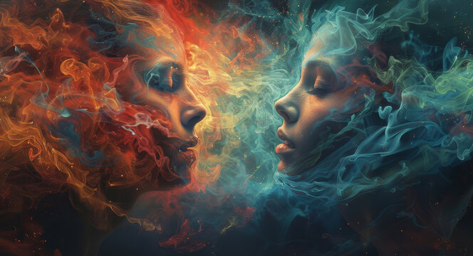 telepathic communication, in mental communication, words form on a digital canvas, connecting two minds and bringing their thoughts together in a virtual bridge