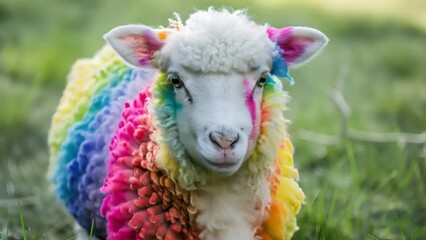 Unique, colorful sheep with wool dyed in rainbow hues stands out vibrantly against a natural green background, showcasing a creative and unconventional approach to animal grooming