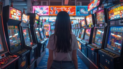 This is a back view of a girl playing a retro arcade machine, a synthwave hall with slot machines in the background, a 90s vibe, a cyberpunk colored futuristic, high definition, soft lighting,