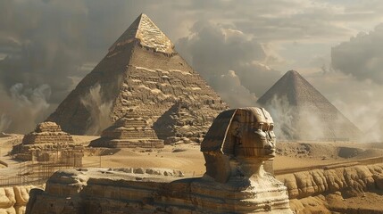 Sphinx with the Great Pyramid in the background, late afternoon, natural earth tones realistic