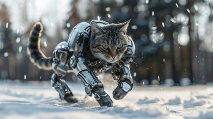 Spy cat running in metal armour, futuristic animal fighter kitty in winter realistic
