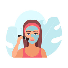 Portrait of girl applying cleansing clay blue mask with brush to face skin vector illustration