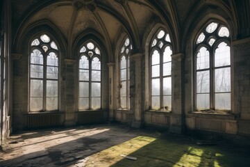 Old abandoned castle with natural light in old style large glass windows