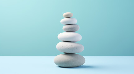 White sea pebble stone stack on light blue background