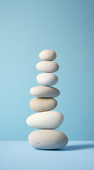 Obraz premium White sea pebble stone stack on light blue background