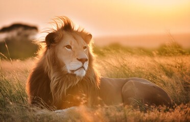 A majestic lion resting in the tall savannah grass, with the golden sunset in the background.