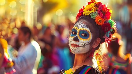 Woman with Day of the Dead face paint and flower crown. Female with traditional Dia de los Muertos makeup. Concept of celebration, Mexican culture, colorful festival, Halloween. Copy space