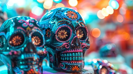 Multicolored sugar skulls with intricate designs. Colorful Day of the Dead skulls. Concept of Dia de los Muertos, Mexican culture, vibrant celebrations, art, Halloween